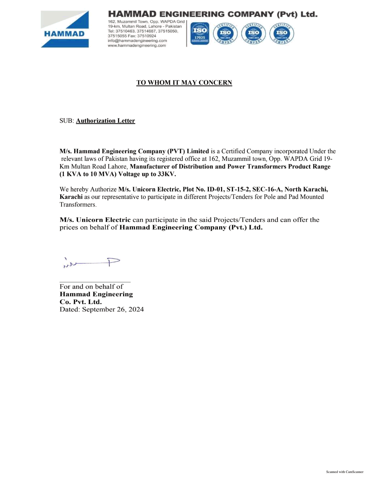 Hammad Engineering Transformers Official Representation